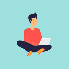 Wall Mural - Man sitting working on laptop. Flat design vector illustration.