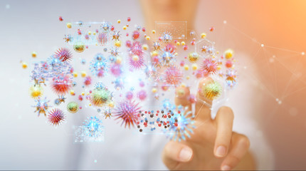 Poster - Businesswoman analyzing bacteria microscopic close-up 3D rendering