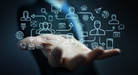 Businessman using thin line social network icons interface