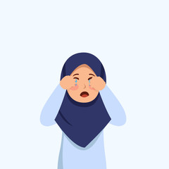 Wall Mural - Little Hijab Girl Cry Expression Potrait Cartoon Illustration Vector