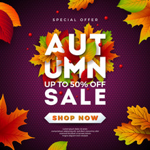 Autumn Sale Design With Falling Leaves And Lettering On Purple Background. Autumnal Vector Illustration With Special Offer Typography Elements For Coupon, Voucher, Banner, Flyer, Promotional Poster Or