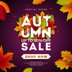 Wall Mural - Autumn Sale Design with Falling Leaves and Lettering on Purple Background. Autumnal Vector Illustration with Special Offer Typography Elements for Coupon, Voucher, Banner, Flyer, Promotional Poster or