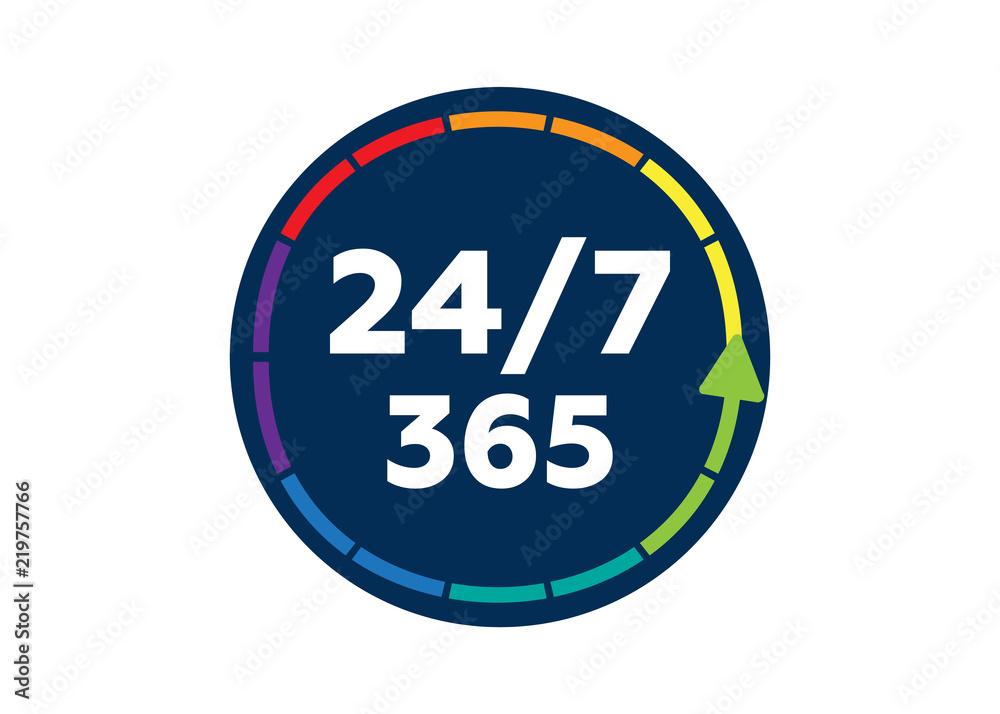 24 on 7 timing badge symbol. Time 365 vector sign - obrazy, fototapety, plakaty 