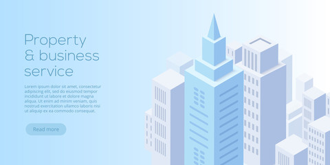 Real estate business isometric vector illustration. Buying, renting, selling business property concept. Landing website layout.