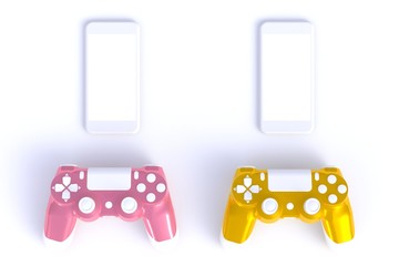 Canvas Print - Pink yellow joystick with smart phone on white table background, Computer game competition, Gaming concept, 3D rendering