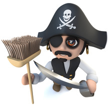 3d Funny Cartoon Pirate Captain Character Holding A Broom Brush