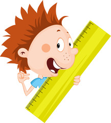 Poster - Little child, student - boy peeks out from the ruler illustration flat design isolated on white