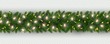 New Year border of realistic branches of Christmas tree, garland light bulbs