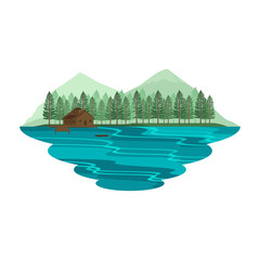 Cabin Hut Cottage on Lake and Camping Mountain View Summer and Spring Landscape Vector