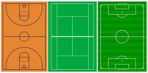 A Basketball, football, tennis court illustration with lines