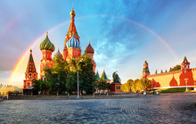 Moscow, Russia - Red Square View Of St. Basil's Cathedral With Rainbow