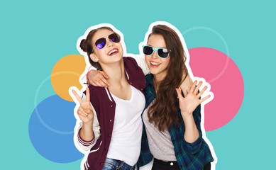 people, fashion and friendship concept -magazine style collage of happy teenage girls in casual clothes and sumglasses over colorful background