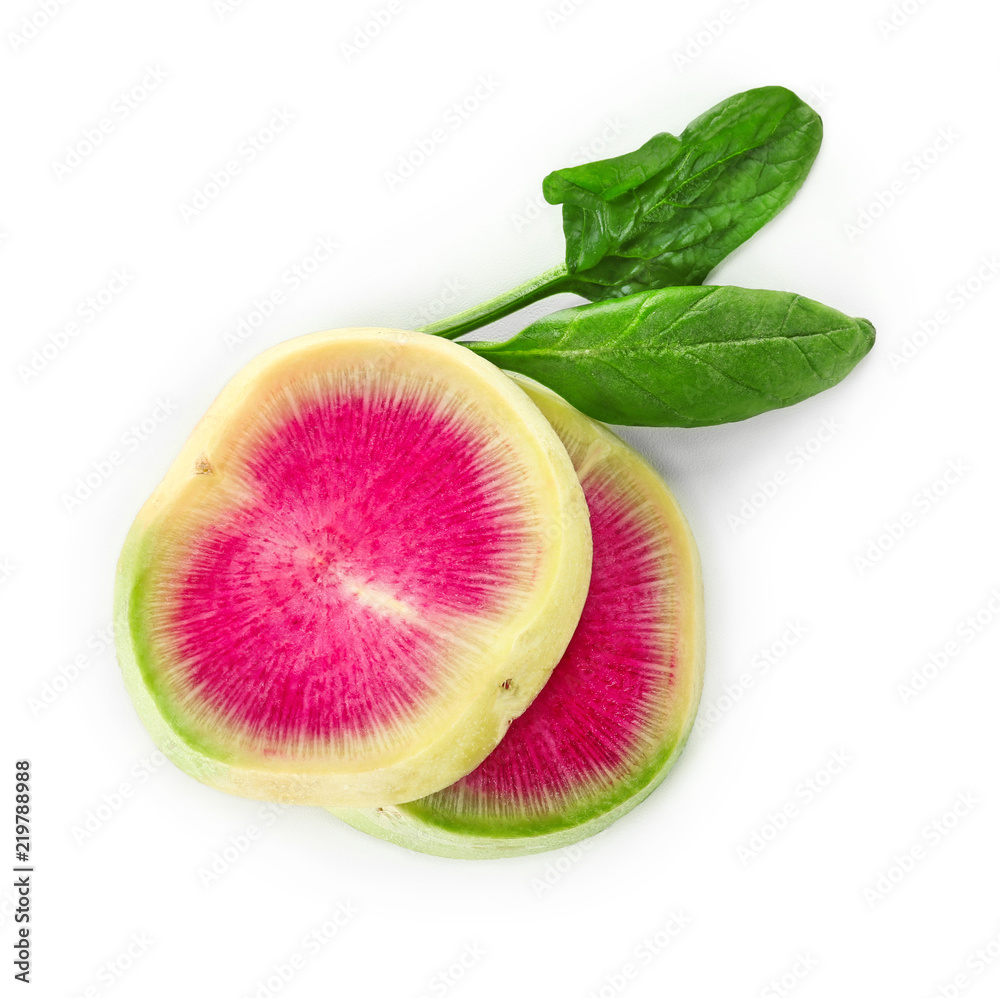 Ripe sliced radish on white background, top view