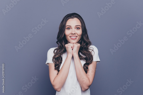 Attractive pretty nice adorable cheerful stylish pleased curly-haired girl in wh Tableau sur Toile