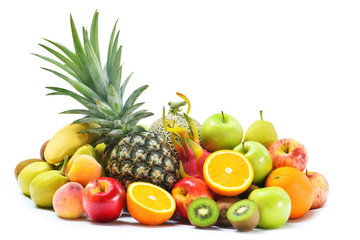 Wall Mural - Group of fresh fruits and vegetables isolated on white background, Tropical fruits for eating healthy and dieting