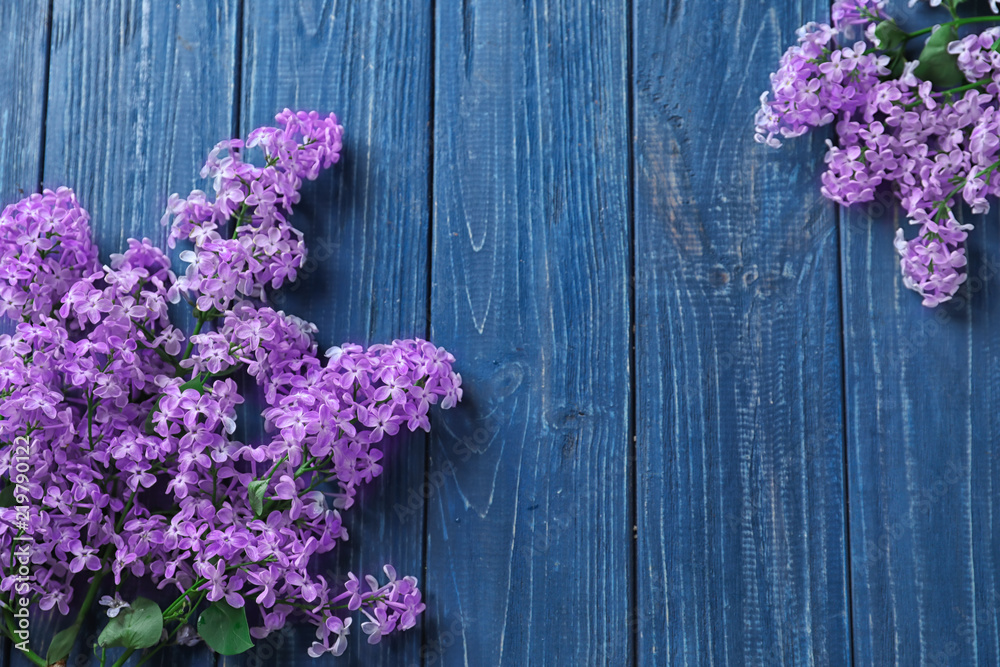 Beautiful blossoming lilac on wooden background