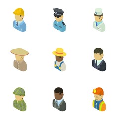Poster - Personage icons set. Isometric set of 9 personage vector icons for web isolated on white background