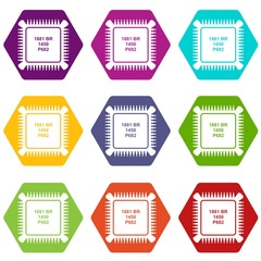 Poster - Processor microchip icons 9 set coloful isolated on white for web