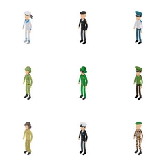 Poster - Soldier icons set. Isometric set of 9 soldier vector icons for web isolated on white background