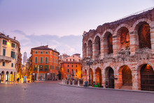Morning In The Streets Of Verona Near The Coliseum Arena Di Verona. Italy.