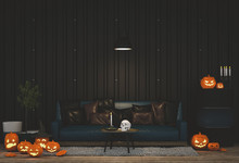 3D render of Halloween party in living room - decorations with lanterns and pumpkins , jack-o-lantern