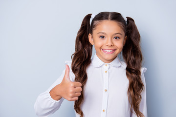 Sticker - First grade schoolkid. Portrait of nice cute tender cheerful positive sweet latin stylish small little girl with curly pigtails in white formal shirt, showing thumb-up. Isolated over grey background