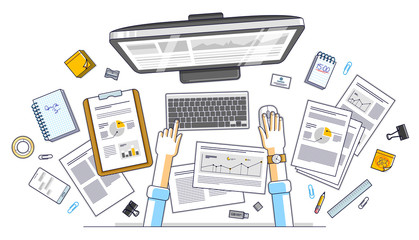 Fototapete - Business analysis, office worker or entrepreneur businessman working on a PC computer and papers with financial analytics, top view of work desk with stationery and documents and hands. Vector.