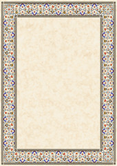 card with traditional indian/arabic floral ornament frame over polished marble surface, size A4