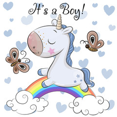 Canvas Print - Baby Shower Greeting Card with cute  Unicorn boy