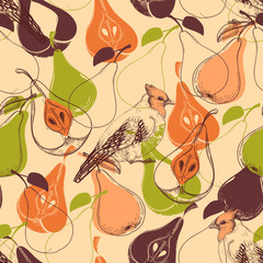 Poster - Fall seamless pattern, fruits and birds