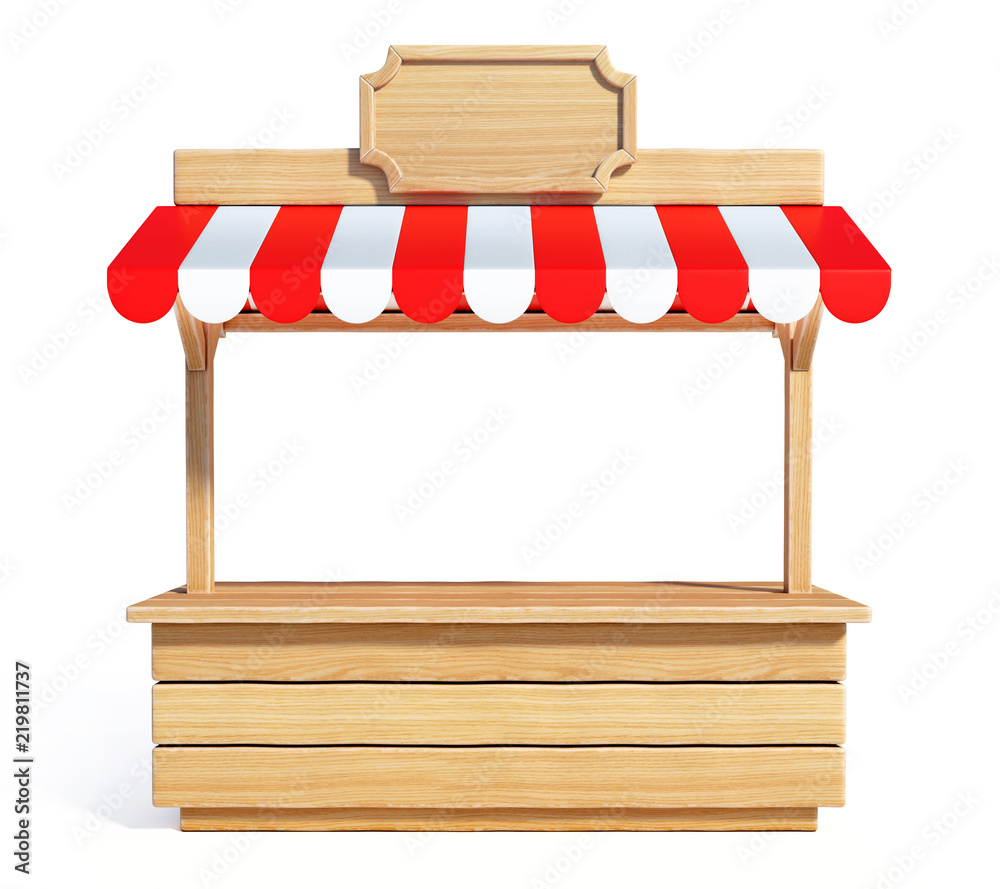 Market stall with striped red and white awning, wooden counter, kiosk, stand, 3d rendering - obrazy, fototapety, plakaty 