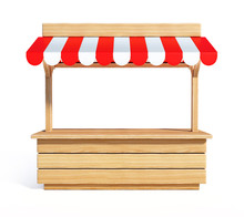 Market Stall With Striped Red And White Awning, Wooden Counter, Kiosk, Stand, 3d Rendering