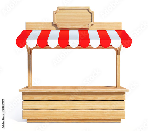 Fotomural Market stall with striped red and white awning, wooden counter, kiosk, stand, 3d