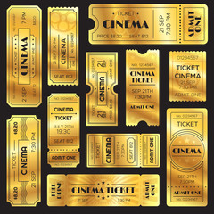 Realistic golden show ticket. Old premium cinema entrance tickets. Gold admission to movie theater or amusement shows vector set