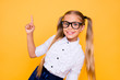 © deagreez - Back to school! First grade junior lifestyle teen concept. Close up studio photo portrait of cute girl gesturing up wearing trendy blouse white outfit isolated bright shine background