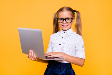 Sticker - E-studying online education career collar formal wear social network concept. Close up photo portrait of pretty clever excited enthusiastic girl holding netbook hands isolated bright color background