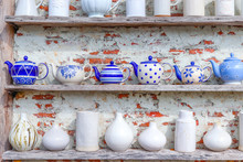White And Blue Ceramic Porcelain Pottery In Different Shape And Form