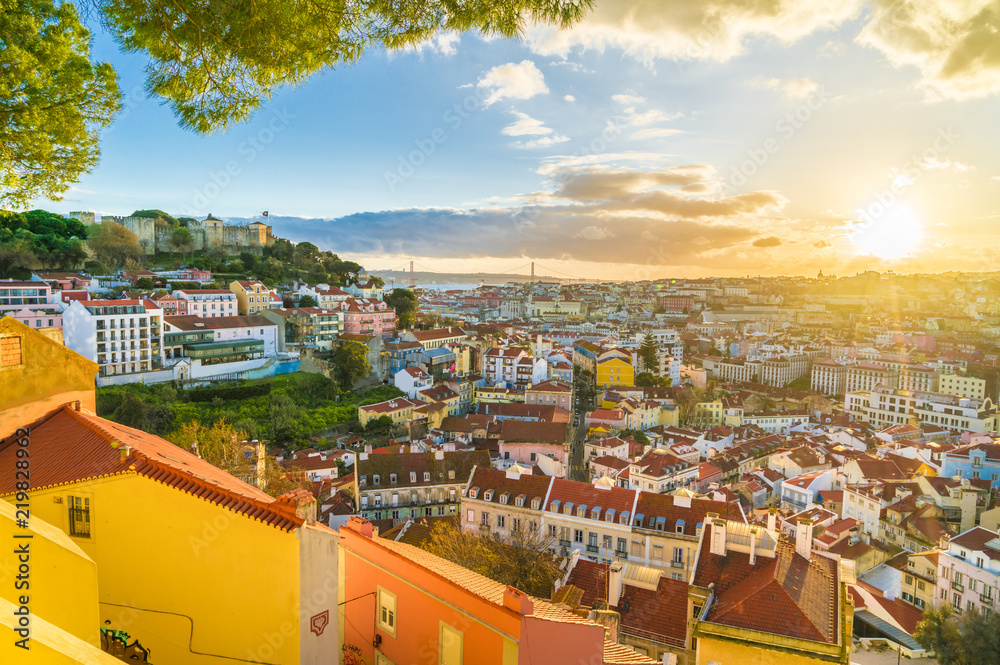 Panoramic view of Lisbon at sunset,  Portugal - obrazy, fototapety, plakaty 