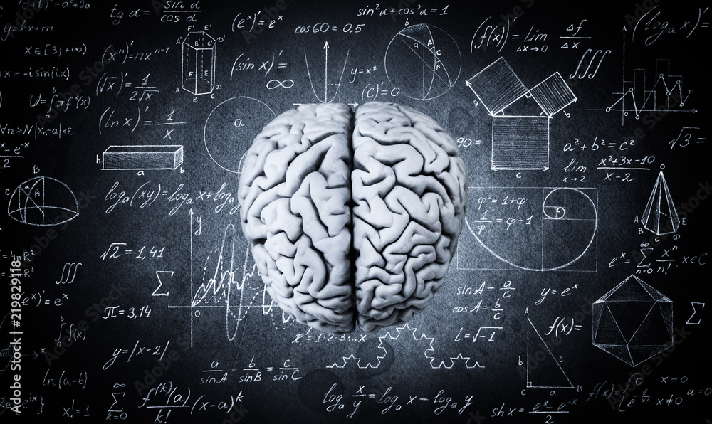 The human brain on the background of physical and mathematical formulas. Education, science and medical abstract background. - obrazy, fototapety, plakaty 