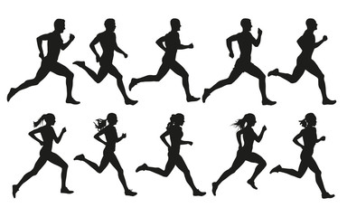 run. running men and women, vector set of isolated silhouettes