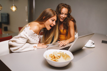 Sticker - Two young women online via a laptop in the living room