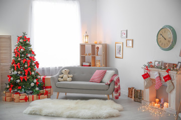 Wall Mural - Room interior with beautiful Christmas tree and gifts