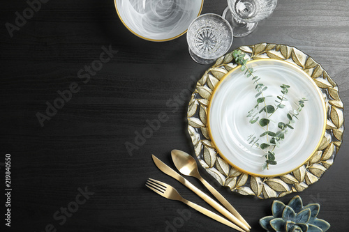Cuadros en Lienzo Elegant table setting and space for text on dark background, top view