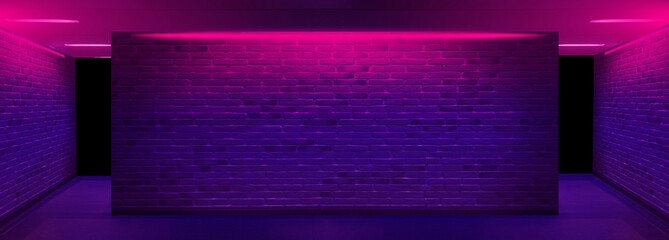 Background of an empty corridor with brick walls and neon light. Brick walls, neon rays and glow