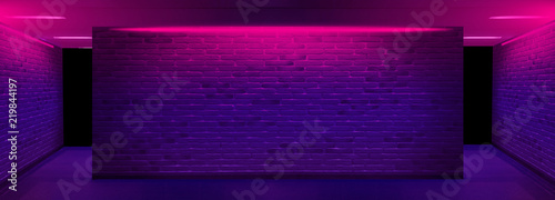 Background of an empty corridor with brick walls and neon light Tablou Canvas