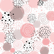 Vector Seamless Pattern Polka Dot Abstract Ornament Decorated Pink, Black Hand Drawn Round Shapes Background