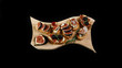 © Надія Коваль - Assortment of snacks to wine with figs, cheese, honey and walnuts on grilled crusty bread on a wooden board insulated on a black background. Flat lay, Free space for text