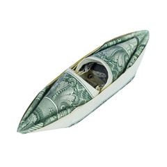 Money Origami KAYAK Folded with Real One Dollar Bill Isolated on White Background