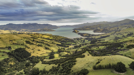 Wall Mural - New Zealand aerial drone top view of nature farm landscape background. Oceania travel.