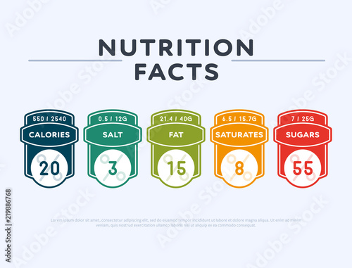 Fotografía Set of colorful tags showing nutrition facts with calories; salt; fat; saturates